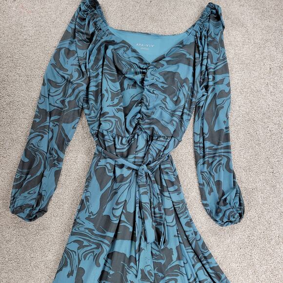 Ava & Viv‎ Swirl Maxi Dress Womens 1X Blue Mesh Ruched Long Balloon Sleeve - Picture 5 of 16